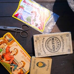 Vintage sewing lot and hair pins box
